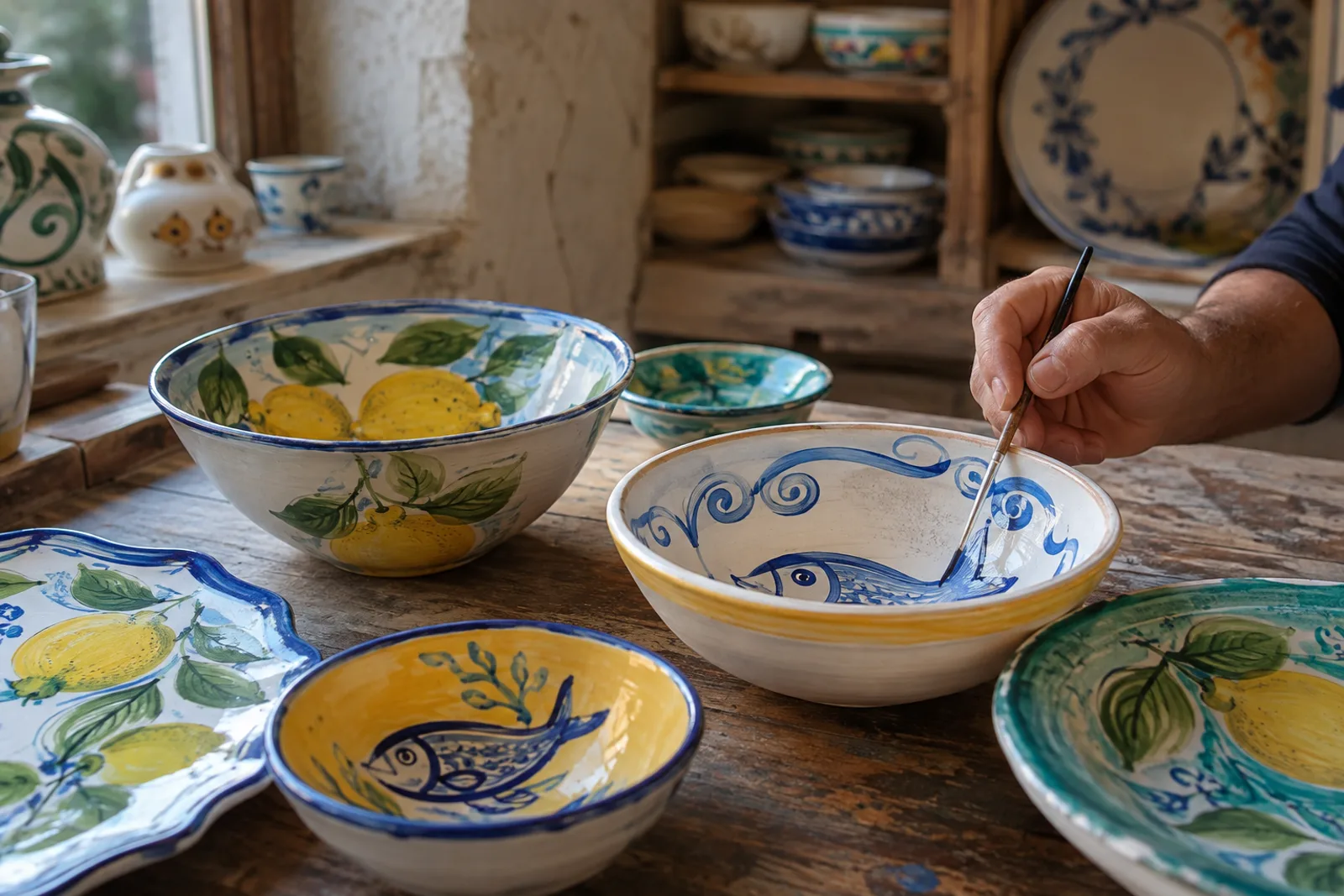 Illustrative image of hand-painted ceramics in a workshop inspired by Vietri sul Mare